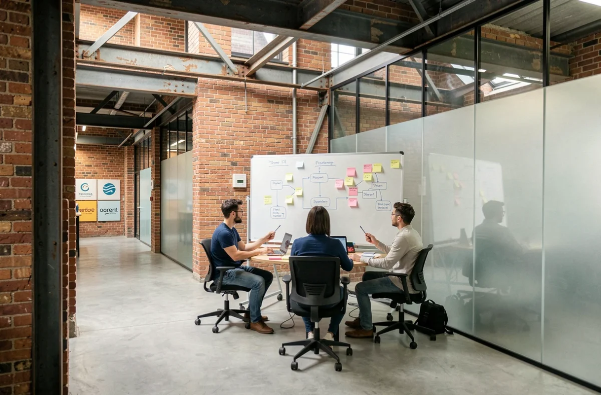 Équipe de startups collaborant sur tableau blanc dans un bureau du campus numérique EuraTechnologies à Lille, dans un bâtiment industriel reconverti