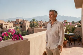 Expatrié européen sur le balcon d'un appartement moderne à Guéliz, Marrakech, avec vue sur la ville et l'Atlas