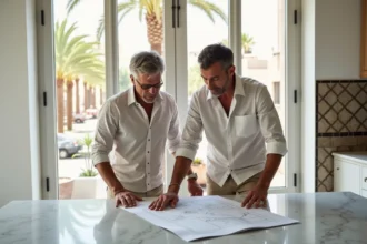 Couple d'expatriés français examinant les plans d'un appartement à vendre à Guéliz, Marrakech