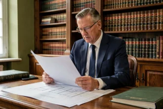 Expert juridique examinant des documents techniques dans un cabinet pour un référé préventif
