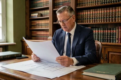 Expert juridique examinant des documents techniques dans un cabinet pour un référé préventif