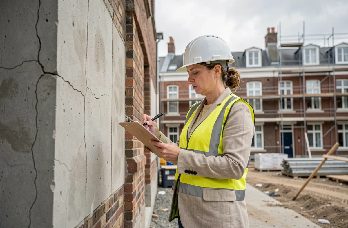Experte en bâtiment inspectant un mur fissuré sur un chantier pour un référé préventif