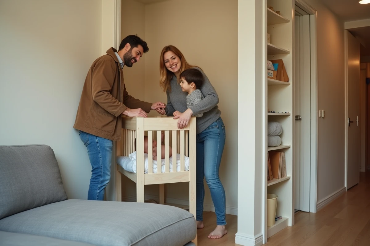 Famille avec un jeune enfant aménageant un coin bébé dans le salon d'un appartement T2 pour agrandir la famille