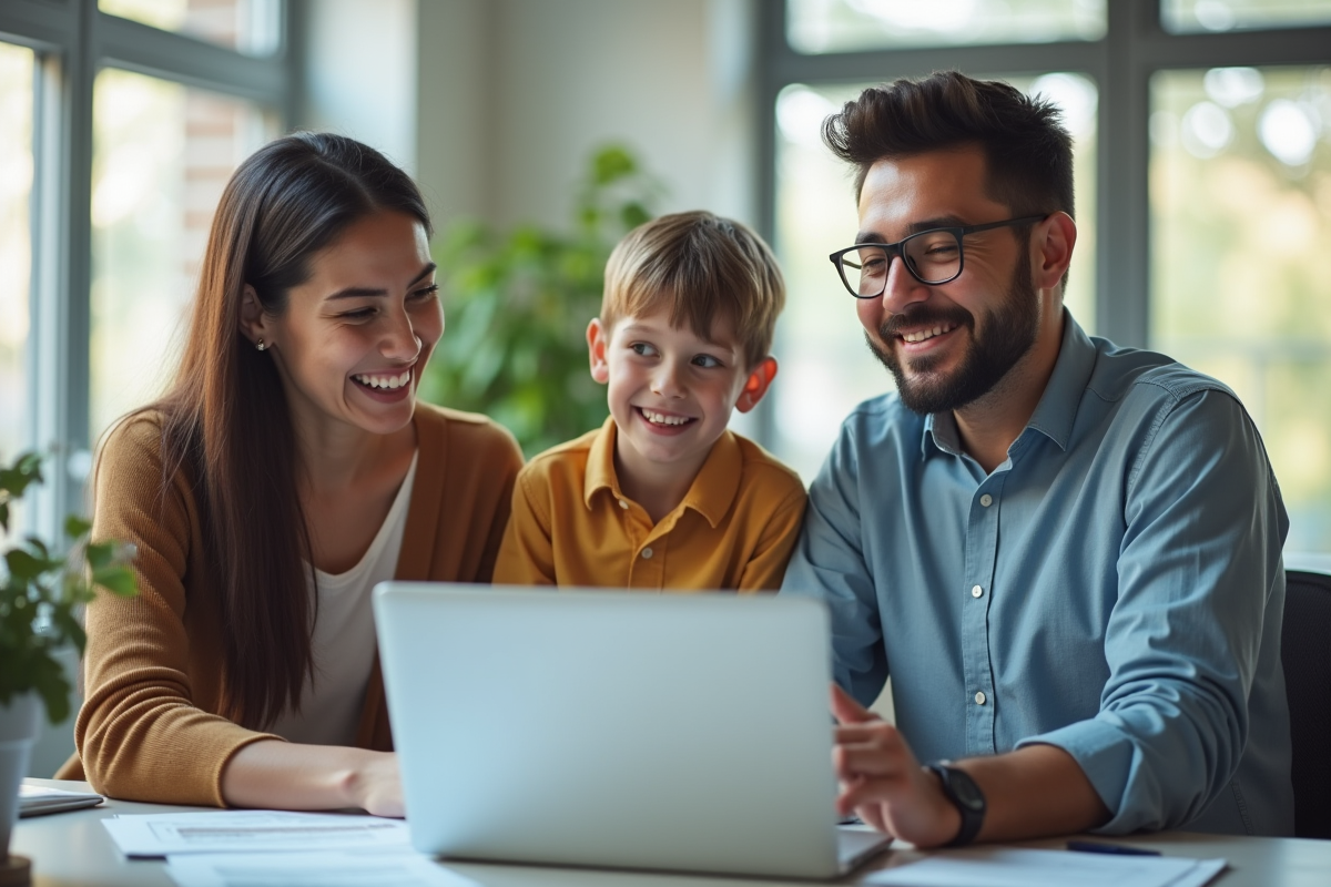 Famille heureuse discutant avec un conseiller fiscal au bureau