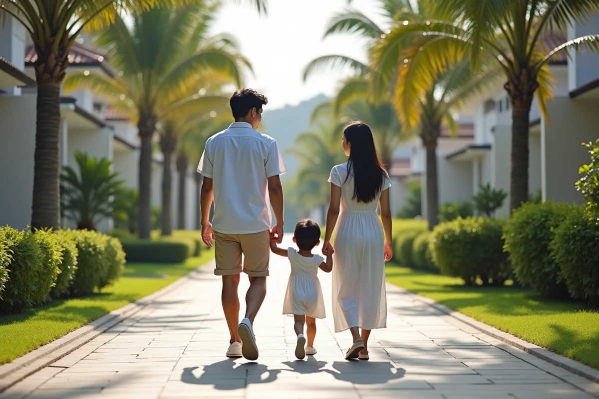 Famille asiatique marchant dans une villa sécurisée en Thaïlande