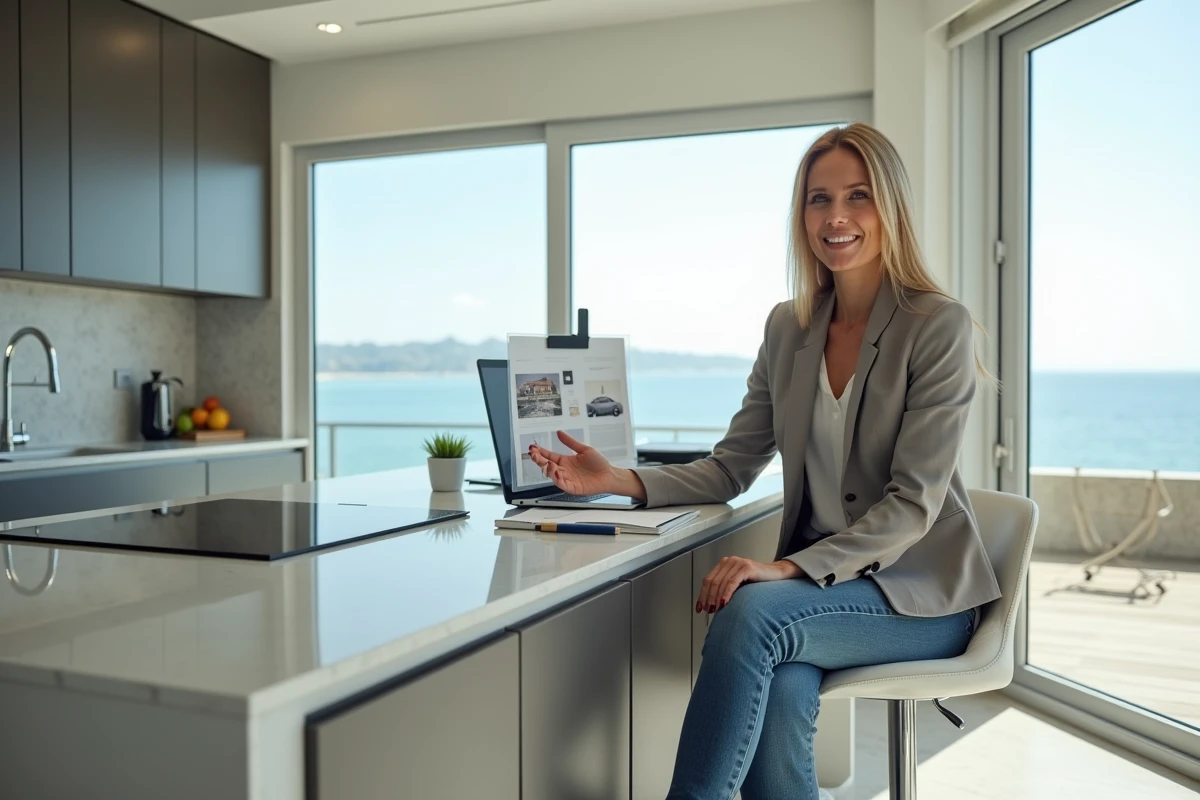 Jeune femme souriante devant ordinateur avec vue sur la mer
