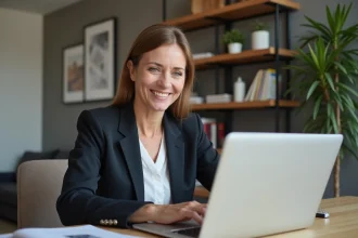 Femme d'affaires souriante utilisant un ordinateur portable dans un bureau moderne
