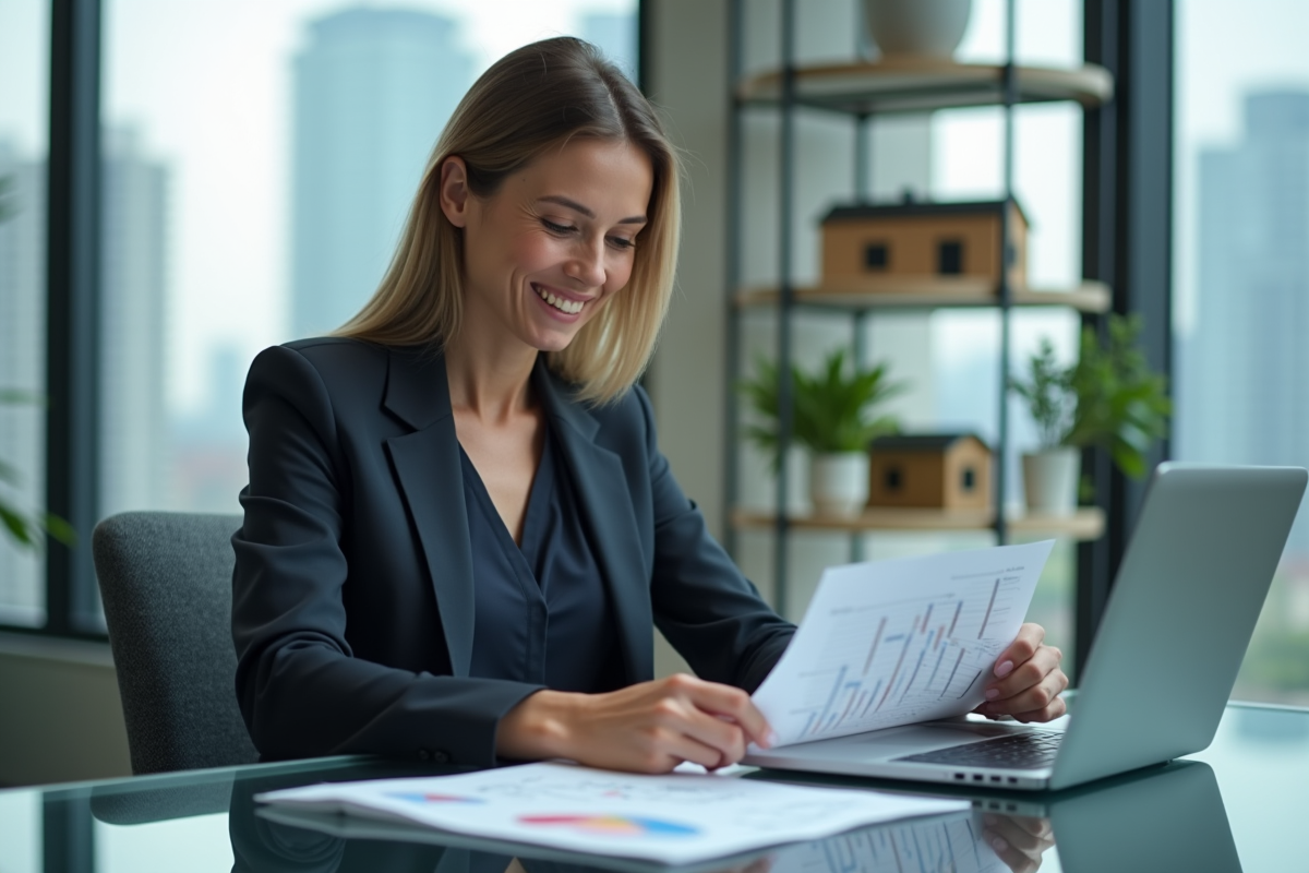 Femme d'affaires concentrée devant un ordinateur en immobilier
