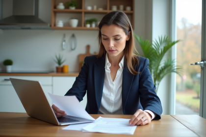 Femme concentrée analysant documents de prêt immobilier