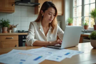 Femme concentrée avec factures dans une cuisine lumineuse