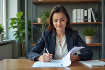 Femme professionnelle en bureau moderne en train d'analyser un rapport financier