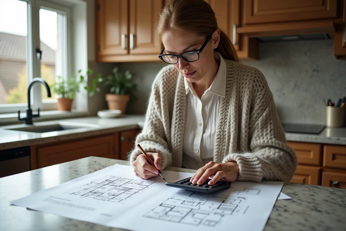 Femme d affaires analysant des documents dans une cuisine lumineuse
