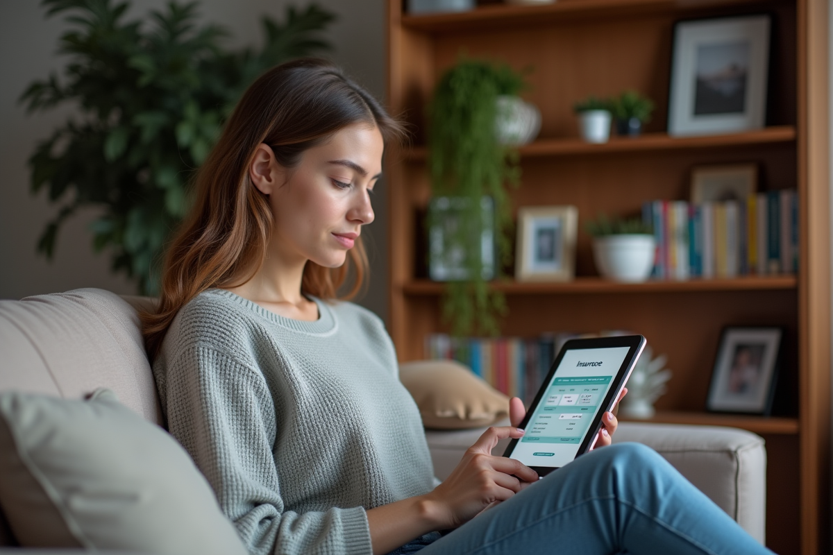 Jeune femme à la maison consulte une assurance sur sa tablette