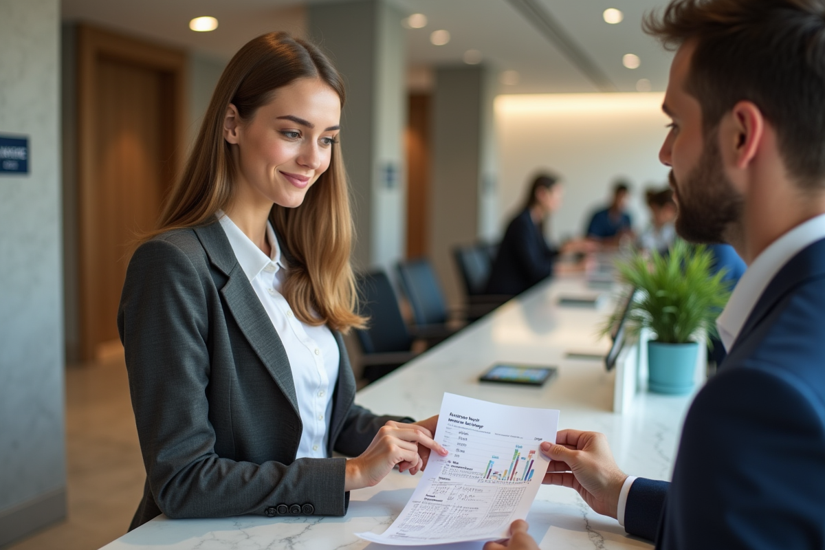 Jeune femme consultant un conseiller bancaire avec un graphique