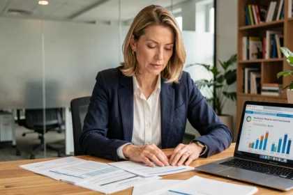 Femme professionnelle consultant des documents d'assurance multirisque professionnelle dans un bureau moderne