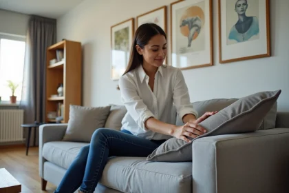 Jeune femme arrangeant des coussins dans un salon moderne
