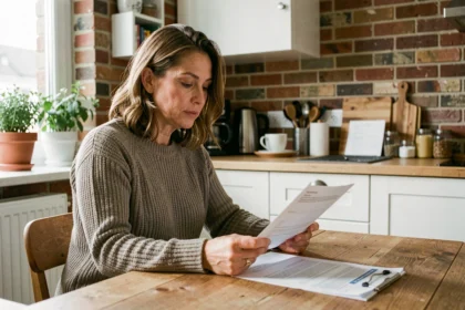 Femme consultant son contrat d'assurance habitation BPCE à la table de sa cuisine moderne