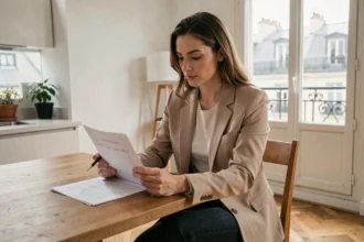 Femme examinant un contrat de location dans un appartement parisien en zone tendue