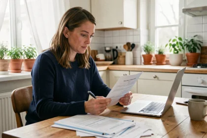 Femme consultant un devis d'assurance habitation sur papier à la table de sa cuisine moderne
