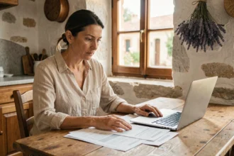 Femme consultant des documents d'assurance habitation dans une maison de style provençal à Manosque