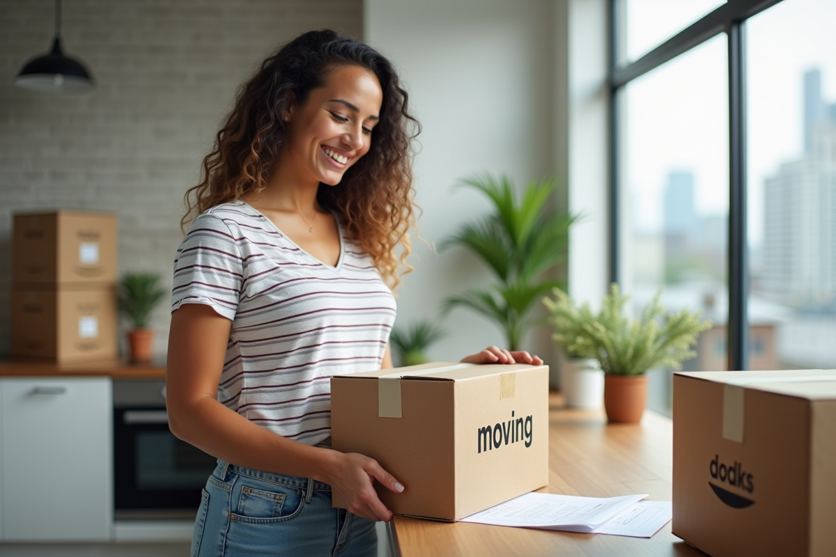 Jeune femme souriante préparant un déménagement dans un appartement moderne
