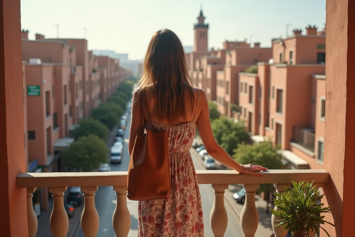 Femme expatriée française sur le balcon d'un appartement moderne à vendre à Guéliz, avec vue sur Marrakech