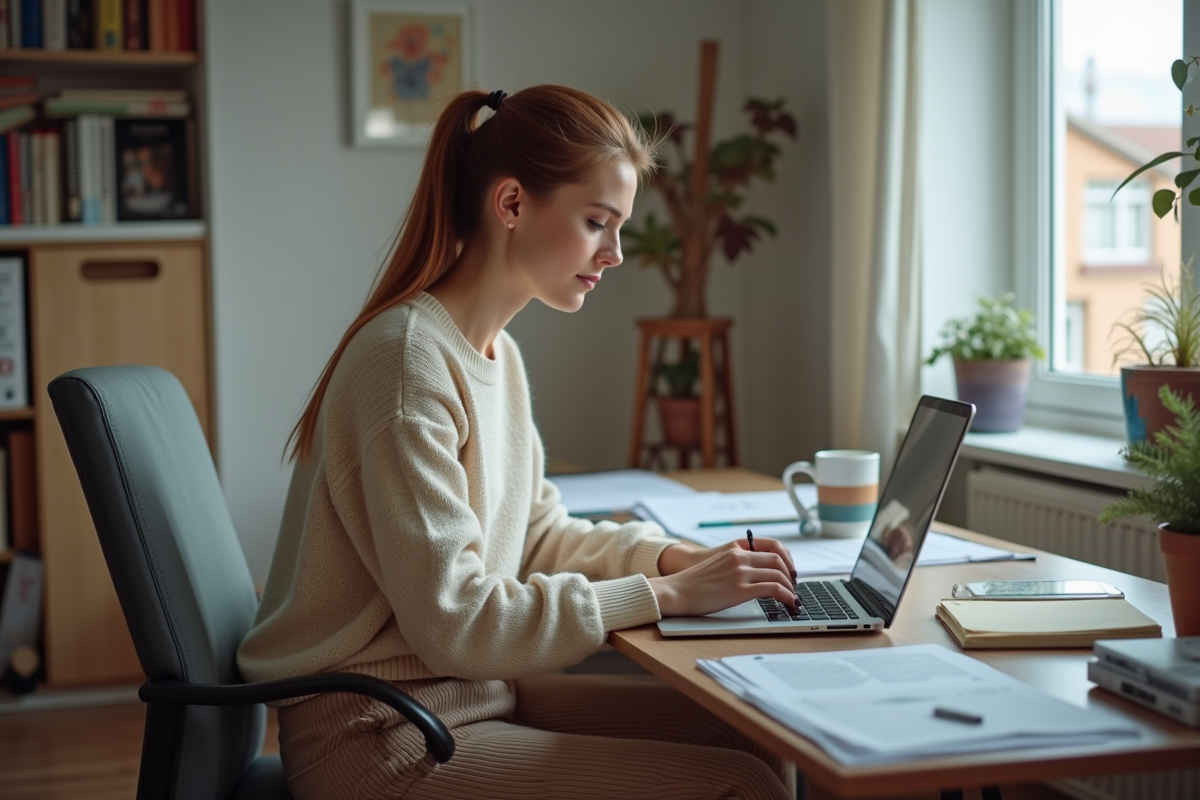 Jeune femme remplissant des formulaires dans un bureau à domicile