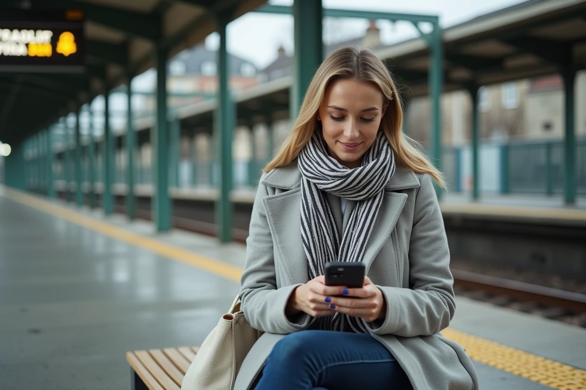 Femme attendant le train en banlieue parisienne dans une ville bien desservie et abordable en Île-de-France
