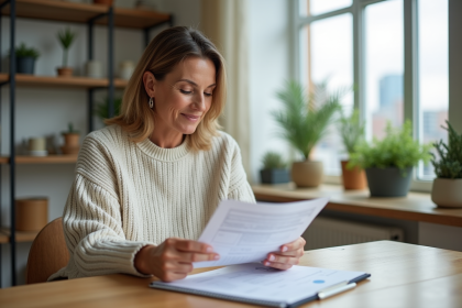 Femme d'âge moyen consulte ses documents financiers