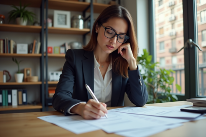 Femme d affaires concentrée sur ses documents fiscaux dans un bureau moderne