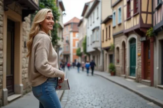 Femme souriante devant maisons à Bayonne