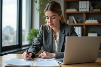 Femme en bureau étudiant des graphiques immobilier