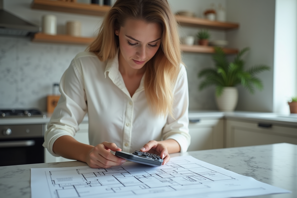 Jeune femme dans une cuisine avec plans immobiliers