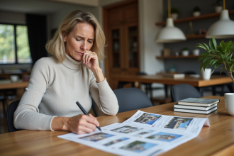 Femme examinant des annonces immobilières à la maison