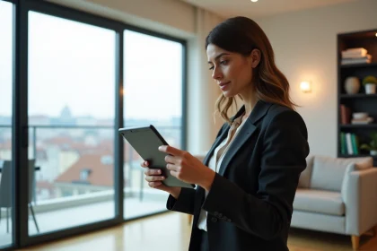 Femme d'affaires regardant des annonces immobilières à Lyon