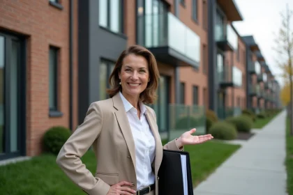 Femme confiante devant un immeuble résidentiel moderne