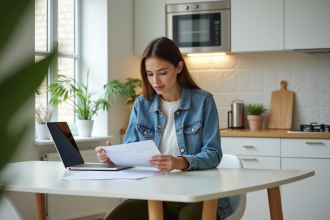 Femme en denim et pantalon olive vérifiant ses factures