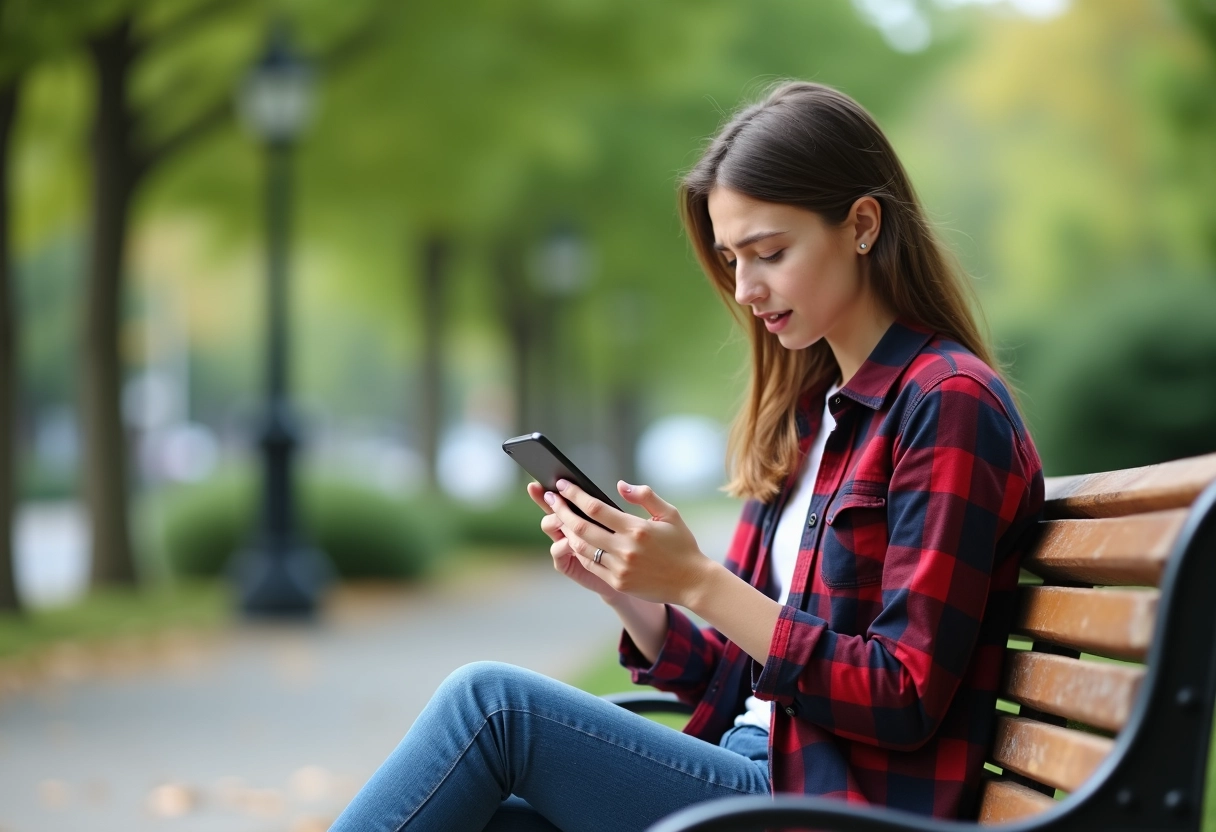Jeune femme au parc consulte son smartphone