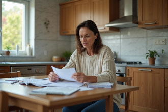 Femme d'âge moyen lisant des documents dans une cuisine moderne