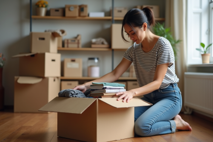 Femme organisant des cartons de déménagement dans un appartement