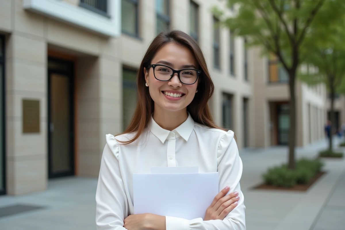 Jeune femme souriante tenant un permis de construire en extérieur