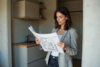 Femme analysant un plan d'appartement T1 dans un studio parisien compact avec alcôve cuisine