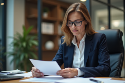 Femme d'affaires en bureau moderne lisant un document
