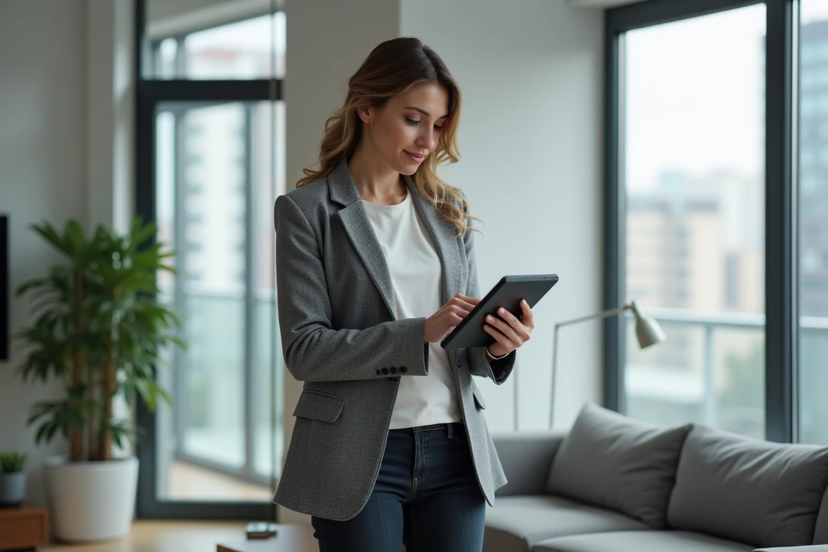 Femme propriétaire consultant son espace personnel sur une tablette dans un appartement moderne