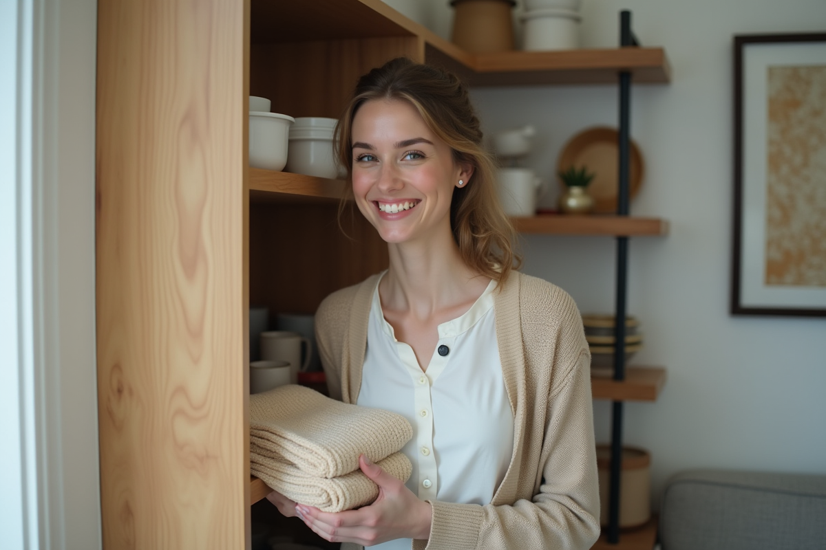 Jeune femme rangeant des serviettes dans une cuisine bien décorée