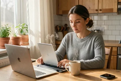 Femme cherchant une assurance habitation pas chère en ligne sur son ordinateur portable dans une cuisine moderne