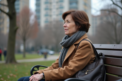 Femme assise sur un banc dans un parc urbain en début de printemps