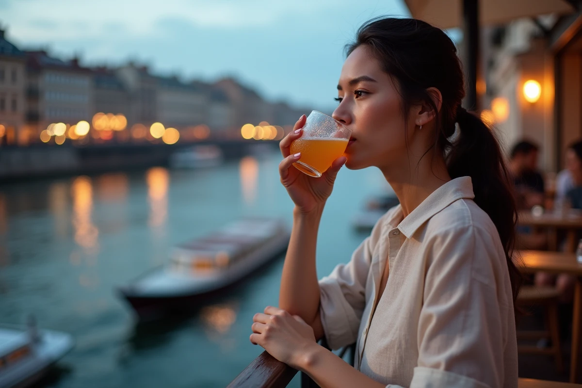 Jeune femme dégustant un cocktail sur une péniche à Lyon