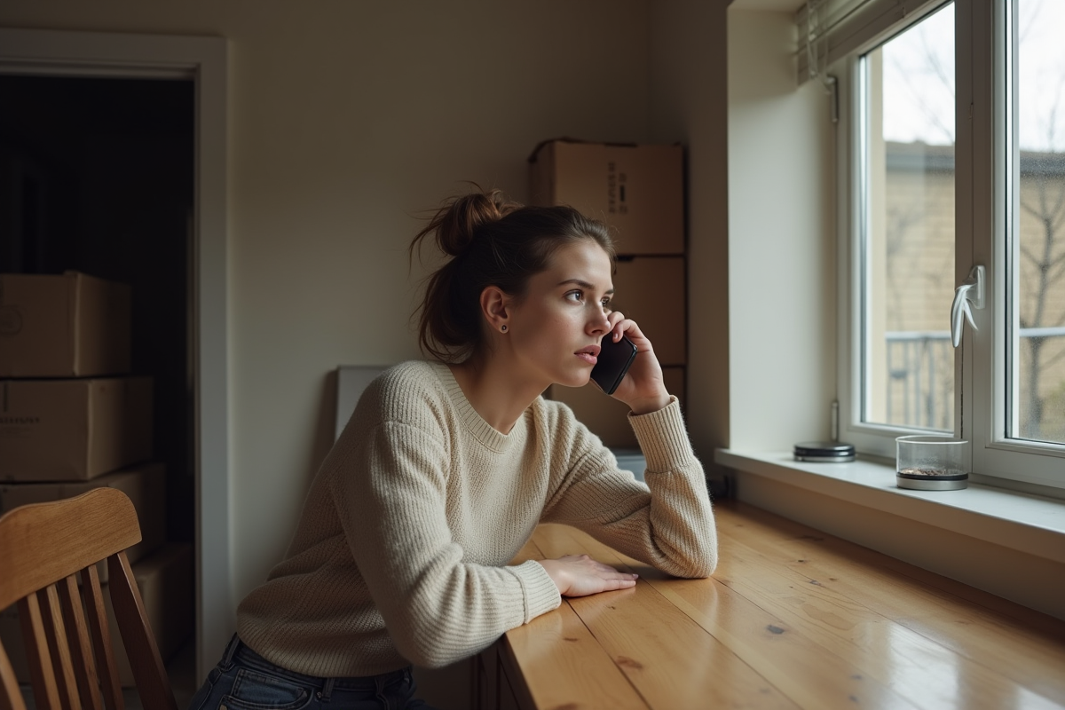 Jeune femme parlant au téléphone dans une cuisine endommagée