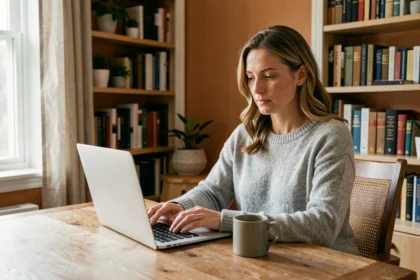 Femme travaillant à domicile dans un bureau dédié avec étagères et plantes, illustration du choix du nombre de chambres pour le télétravail